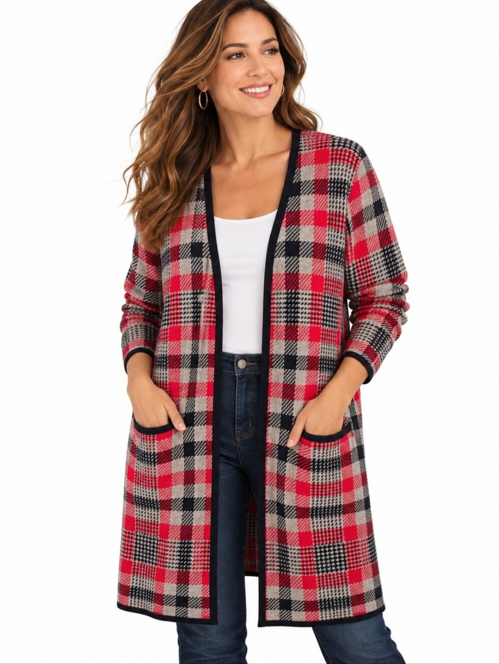 Jones New York Signature Plaid Longline Cardigan — Size L